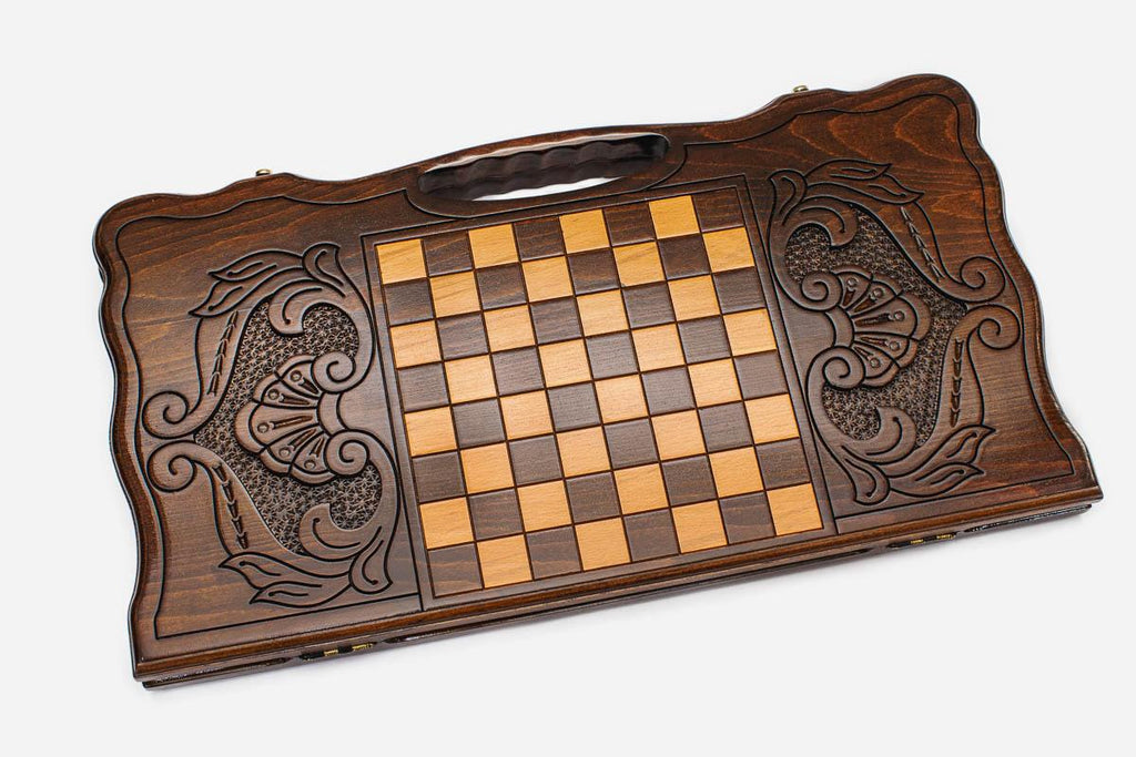 Angled view of the Armenia carved backgammon board