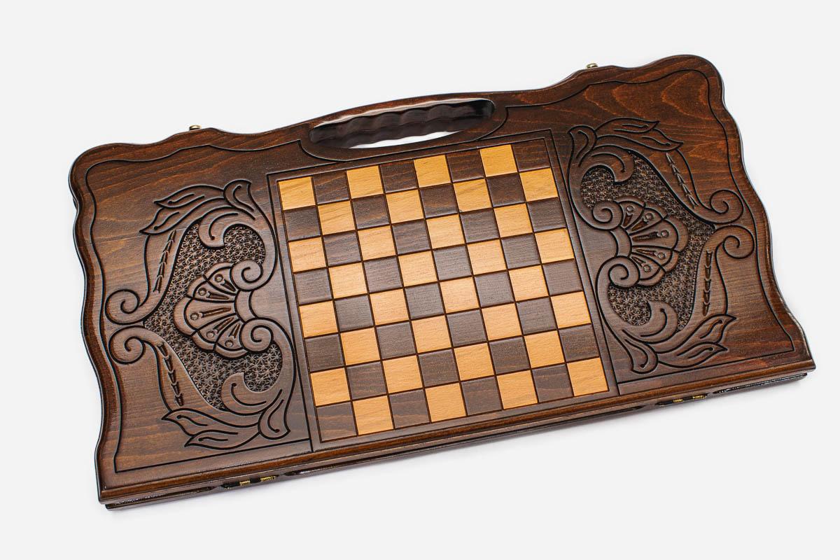 Angled view of the Armenia carved backgammon board