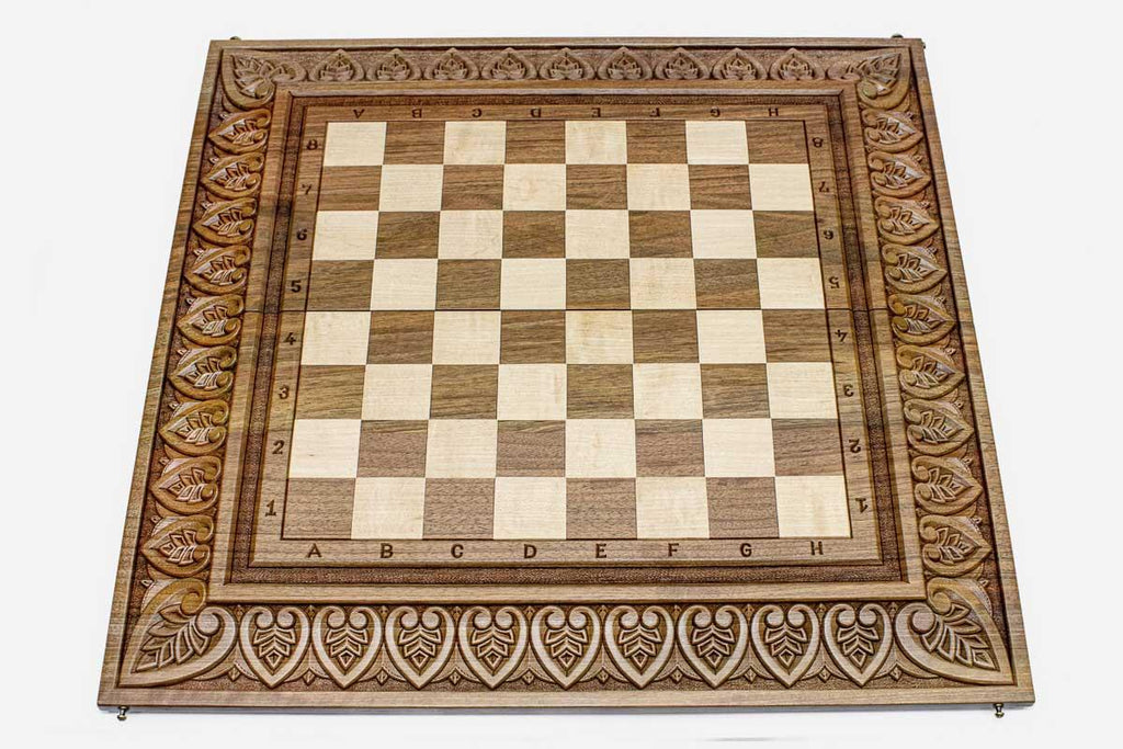 Royal walnut chess and backgammon set folded with bronze hinges and clasps