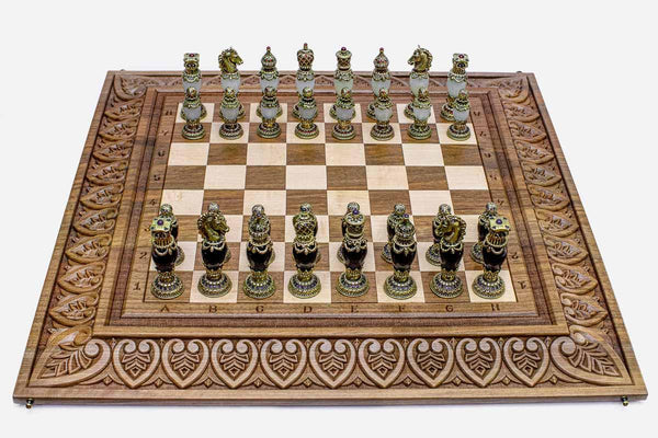 Luxurious Walnut Chess Set with Royal Carving - master-carved combo board