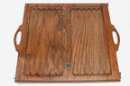 Ornate walnut chess and backgammon set folded with bronze hinges and clasps