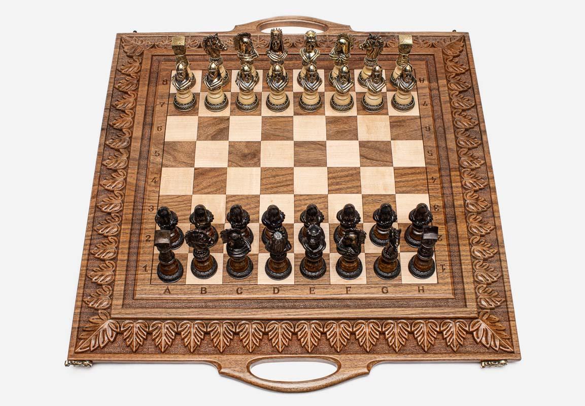 Luxurious Walnut Chess Set with Bronze Pieces - master-carved combo board