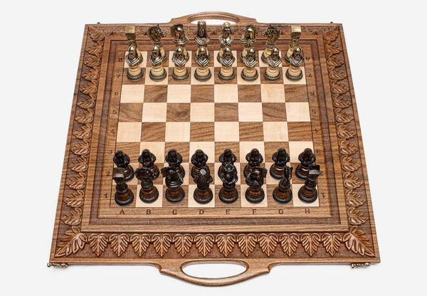 Luxurious Walnut Chess Set with Bronze Pieces - master-carved combo board
