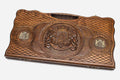 Carved beechwood backgammon board with the Georgian coat of arms and bronze accents, propped open