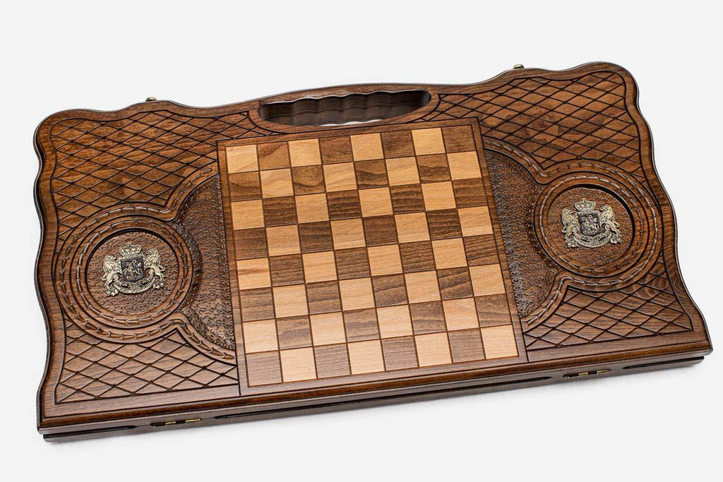 Angled view of the Georgian coat of arms bronze backgammon board