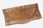Angled view of the sunflower master carved walnut backgammon board
