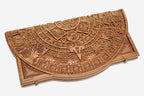 Angled view of the Maya calendar master carved walnut backgammon board