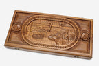 Master-carved walnut backgammon board with Mesrop Mashtots and the Armenian alphabet, propped open