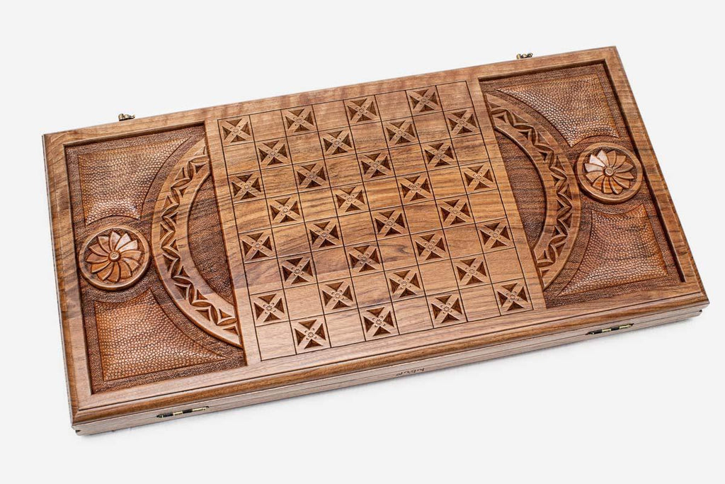 Angled view of the Mesrop Mashtots master walnut backgammon board