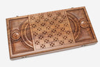 Angled view of the Mesrop Mashtots master walnut backgammon board