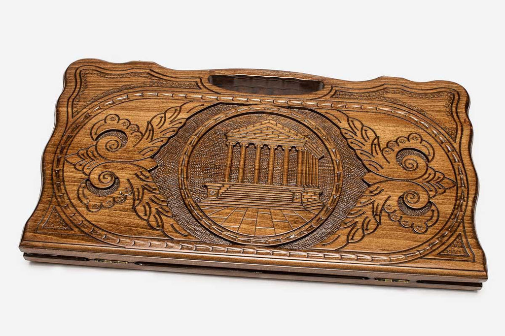 Armenian backgammon set carved with Garni temple above the gorge