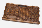 Carved beechwood backgammon board with the Georgian coat of arms and a carry handle, propped open