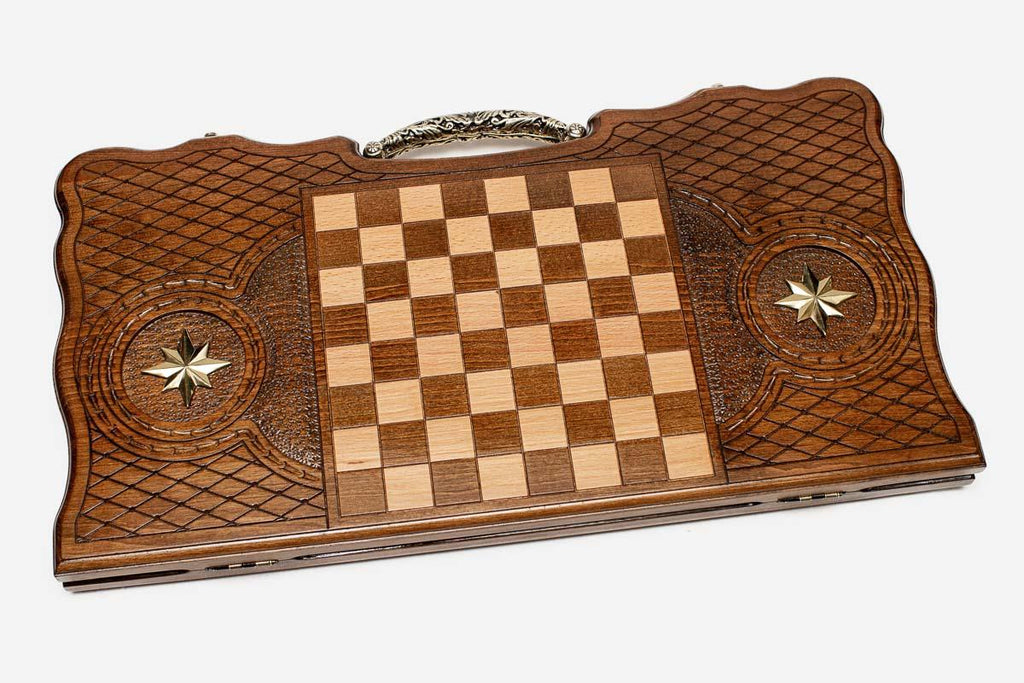 Angled view of the octagon bronze handle backgammon board