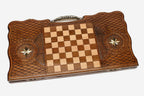 Angled view of the octagon bronze handle backgammon board