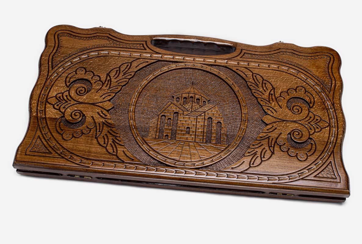 Armenian backgammon set carved with St. Hripsime church in its precinct
