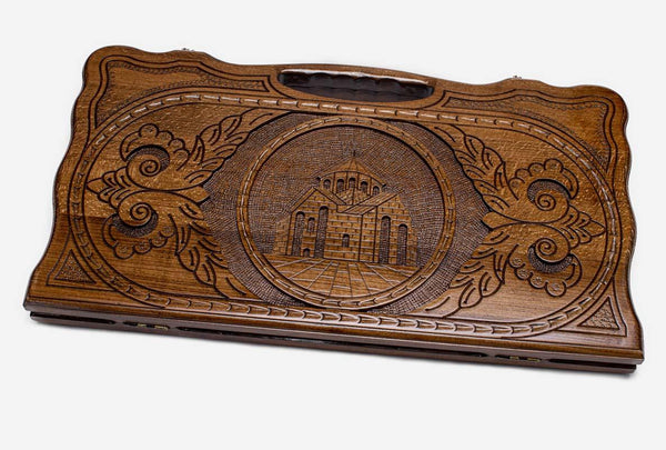 Armenian backgammon set carved with St. Hripsime church in its precinct
