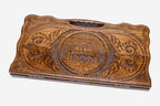 Carved beechwood backgammon board with the Saint Gayane Church and a carry handle, propped open