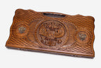 Carved beechwood backgammon board with the Russian coat of arms and bronze roundels, propped open