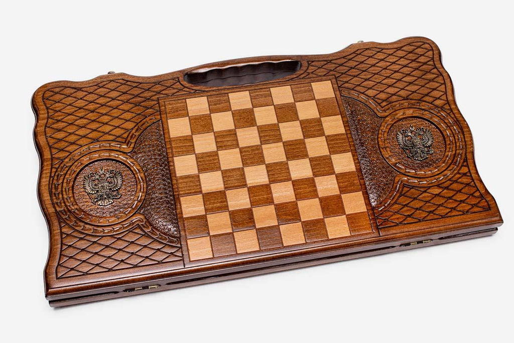 Angled view of the Russian coat of arms bronze backgammon board