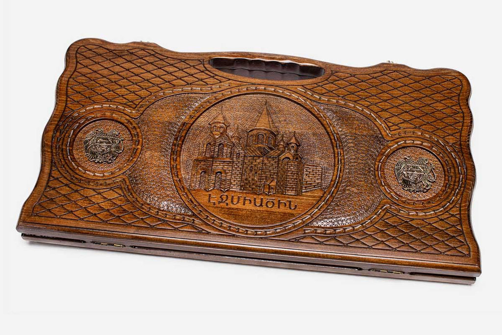 Armenian backgammon set carved with Etchmiadzin Cathedral in bronze detail