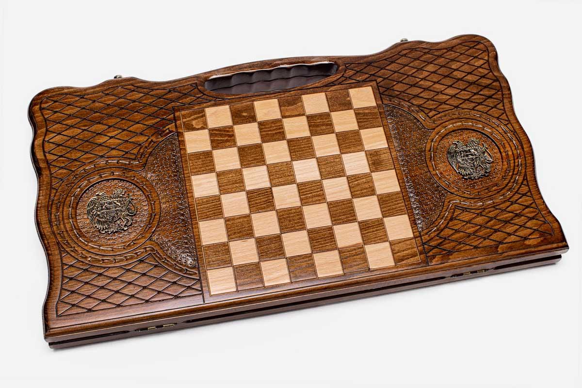 Etchmiadzin backgammon set folded, bronze-toned domes showing