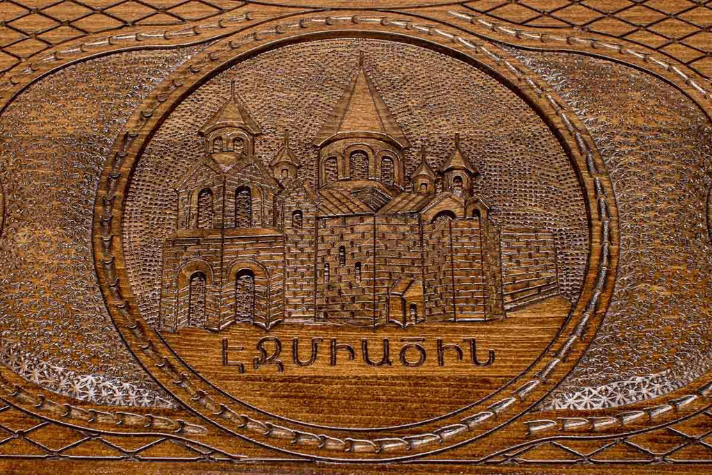 Etchmiadzin Armenian backgammon set with checkers and dice