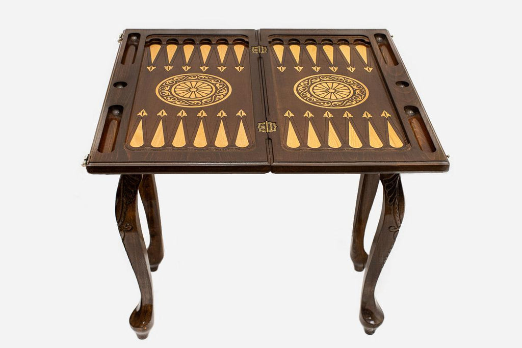 Mount Ararat backgammon table opened flat showing the inlaid board
