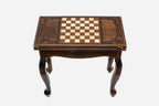 Scalloped chess and backgammon table opening to reveal the playing field