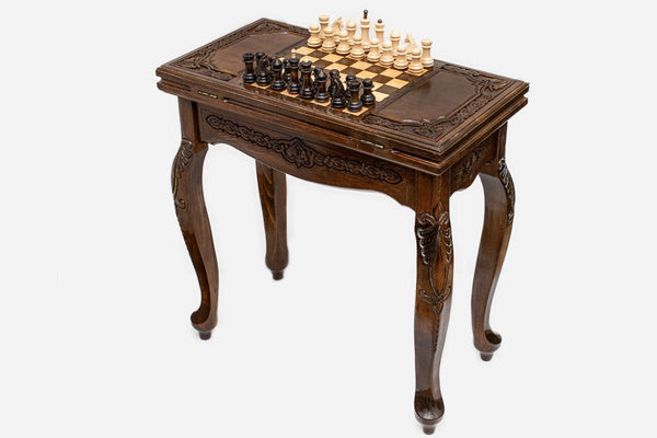 Scalloped chess and backgammon table opened flat showing the inlaid playing field