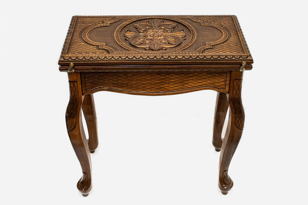 Floral ornament backgammon table closed, front elevation showing the cabriole legs