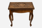 Floral ornament backgammon table closed, front elevation showing the cabriole legs