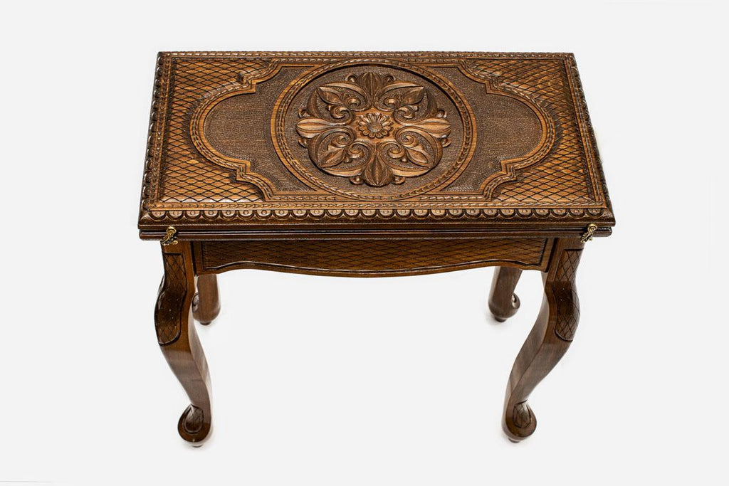 Floral ornament backgammon table closed, straight front view
