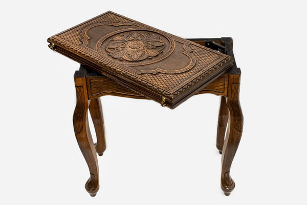 Floral ornament backgammon table closed, angled view showing the carved lid