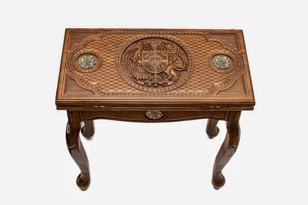 Armenian coat of arms backgammon table closed, straight front view