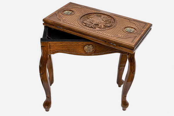 Armenian coat of arms backgammon table closed, front view showing the carved crest