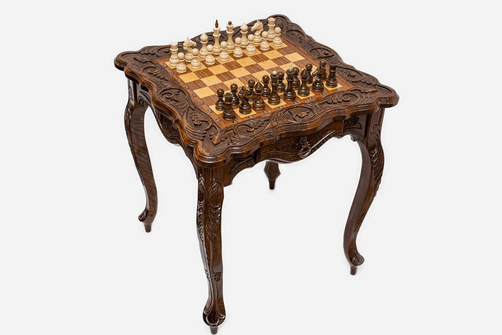 Carved chess table with ornaments, side profile