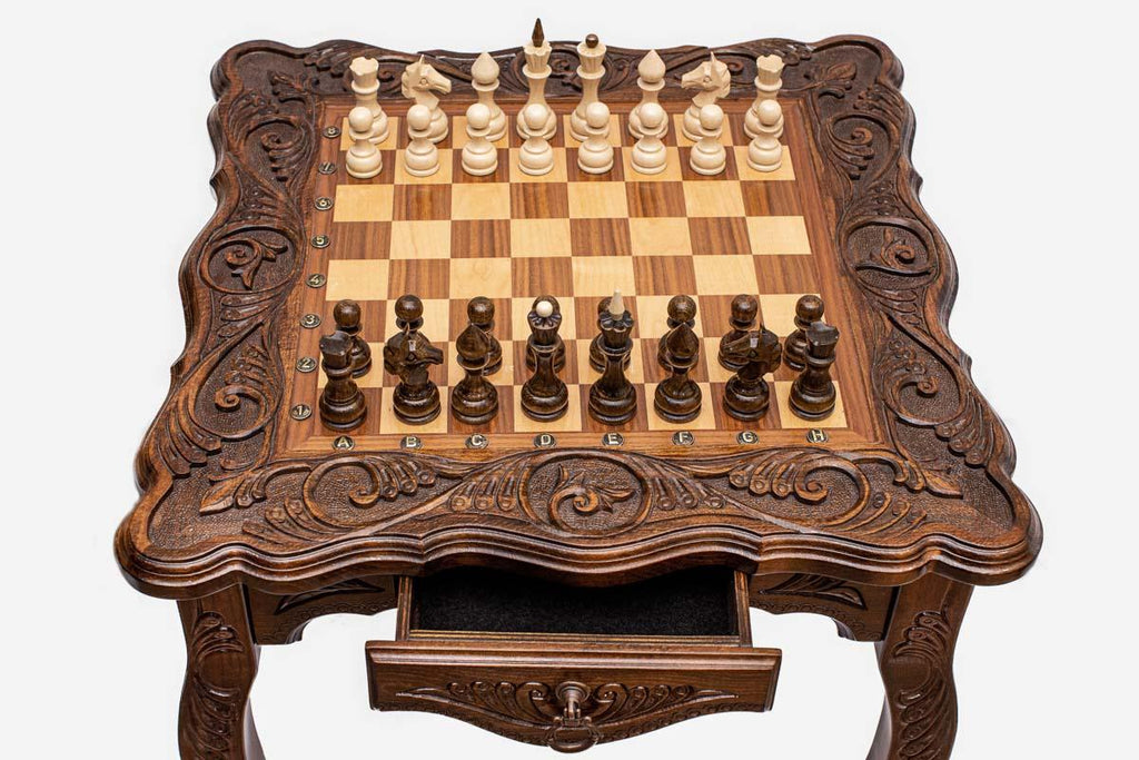 Luxurious chess table with ornaments, wooden pieces and integrated storage