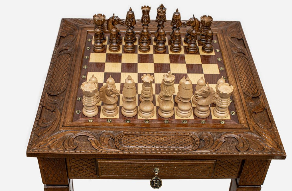 Handmade wooden chess table with integrated piece storage - detail