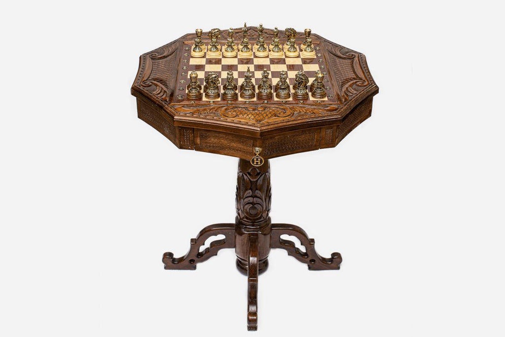 Chess Table - Decagon with Bronze Pieces - handmade wooden games table