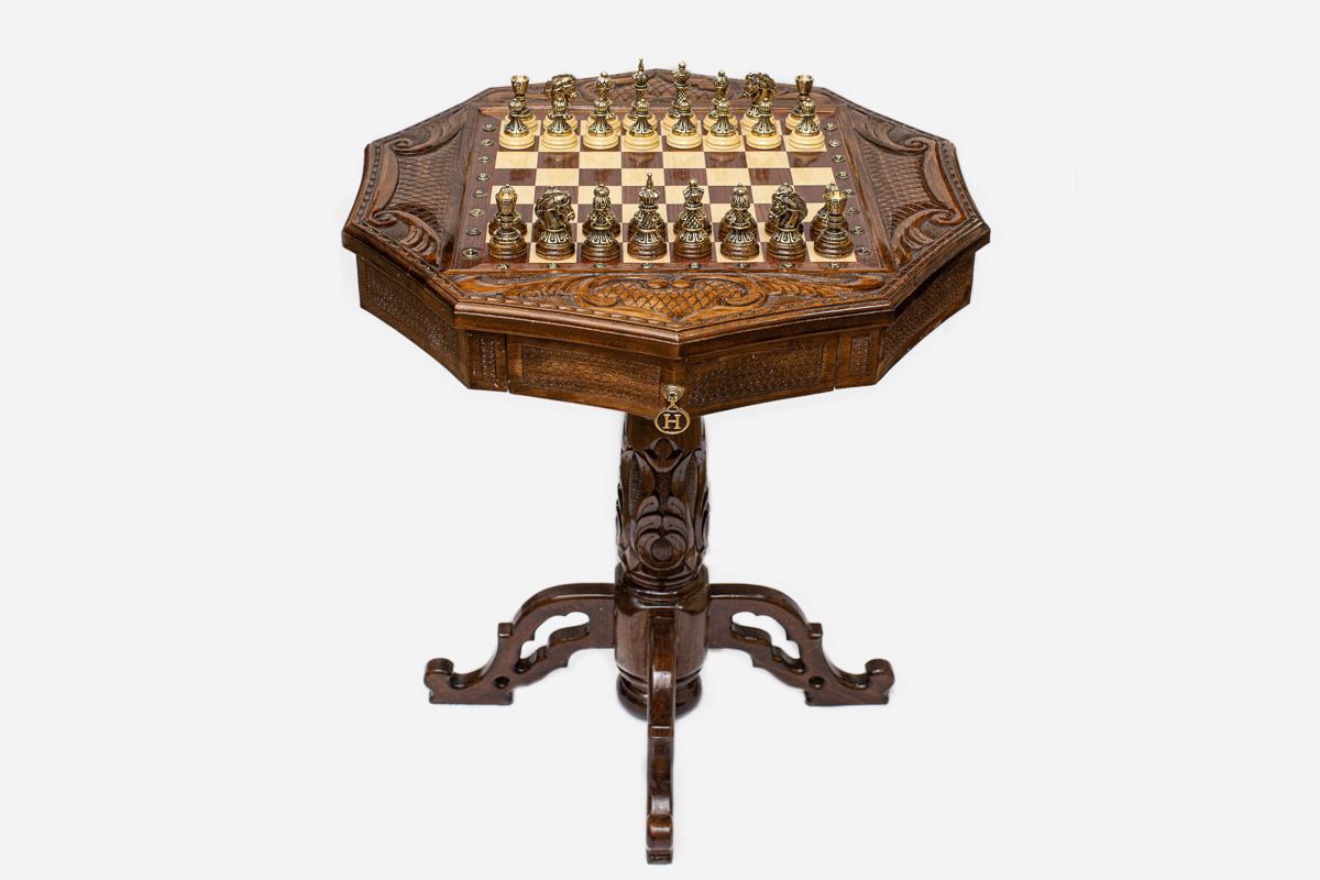 Chess Table - Decagon with Bronze Pieces - handmade wooden games table