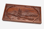 Master-carved oak backgammon board with a landscape of Mount Ararat, propped open