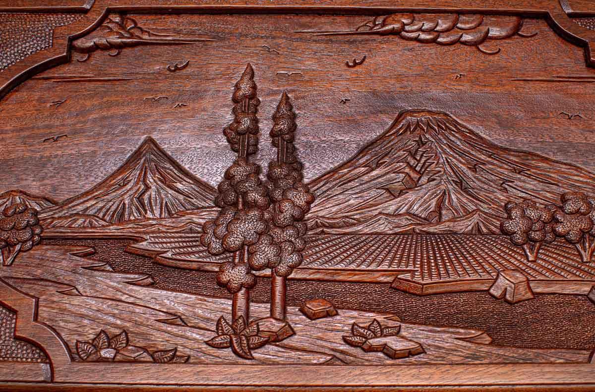 Angled view of the Mount Ararat master oak backgammon board