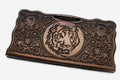 Carved beechwood backgammon board with a commanding tiger and a carry handle, propped open