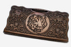 Carved beechwood backgammon board with a commanding tiger and a carry handle, propped open