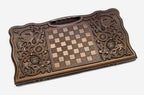 Angled view of the tiger carved backgammon board