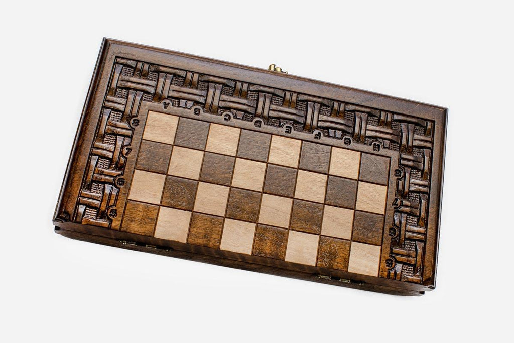 Handmade wooden chess set open to the 11.8 inch / 30 cm playing field