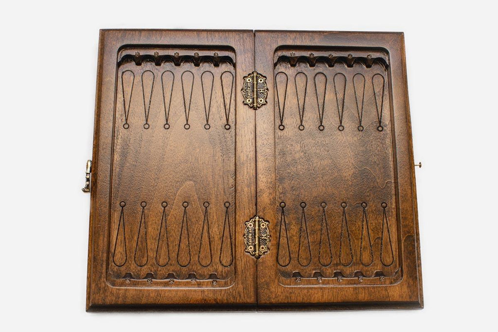 Compact lattice chess set folded with bronze hinges and clasps