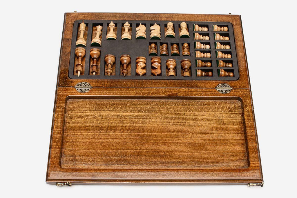 Handmade wooden chess set open to the 19.6 inch / 50 cm playing field