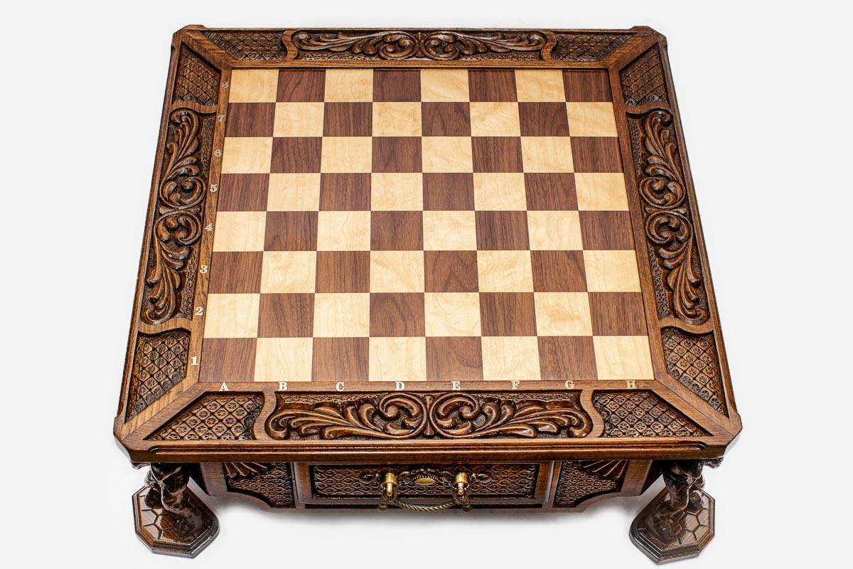 Atlant carved chess set empty board, top-down view of the walnut and maple squares