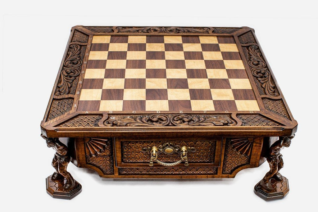 Atlant carved chess set empty board with the central drawer, angled view